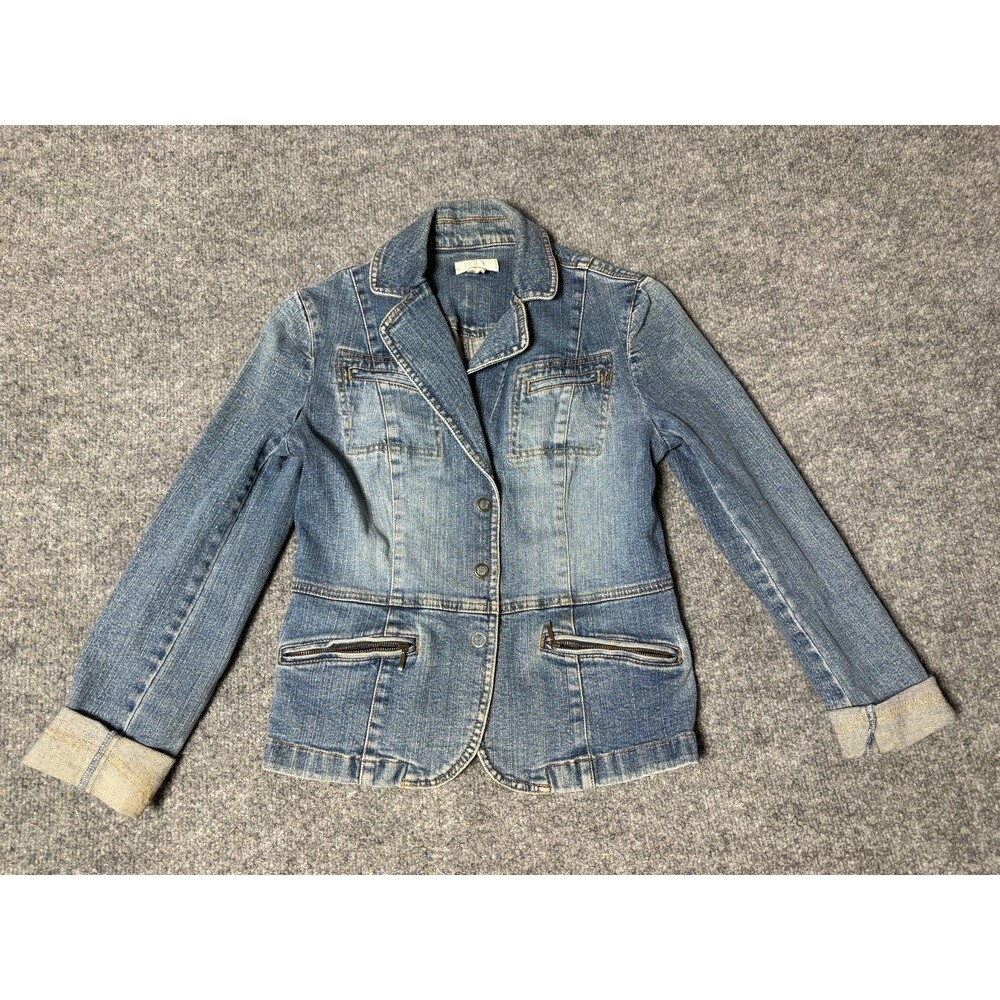 Ann Taylor Loft Denim Jacket Womens Size 4 Vintage Snap Up Zip Pockets *Flaws